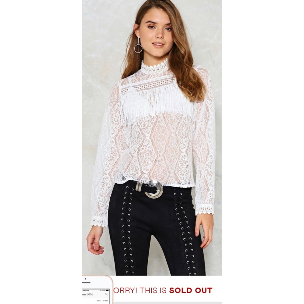 NWT high neck lace and fringe blouse